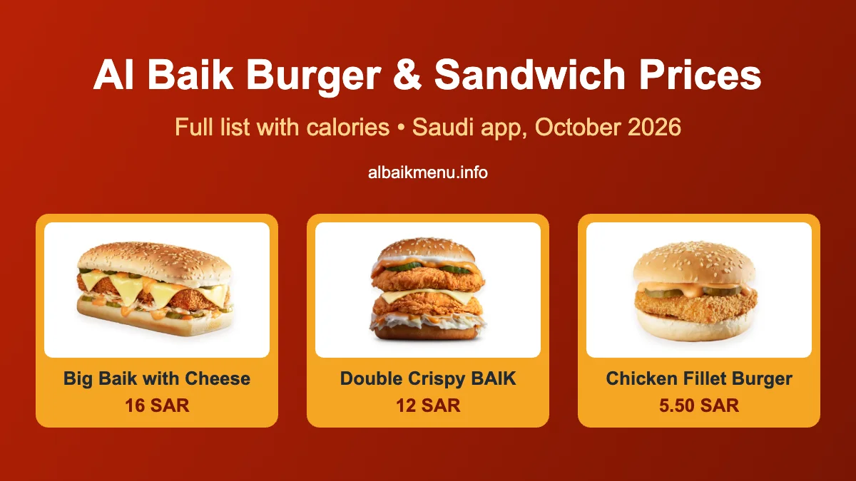 Al Baik burger and sandwich prices with calories in Saudi Arabia